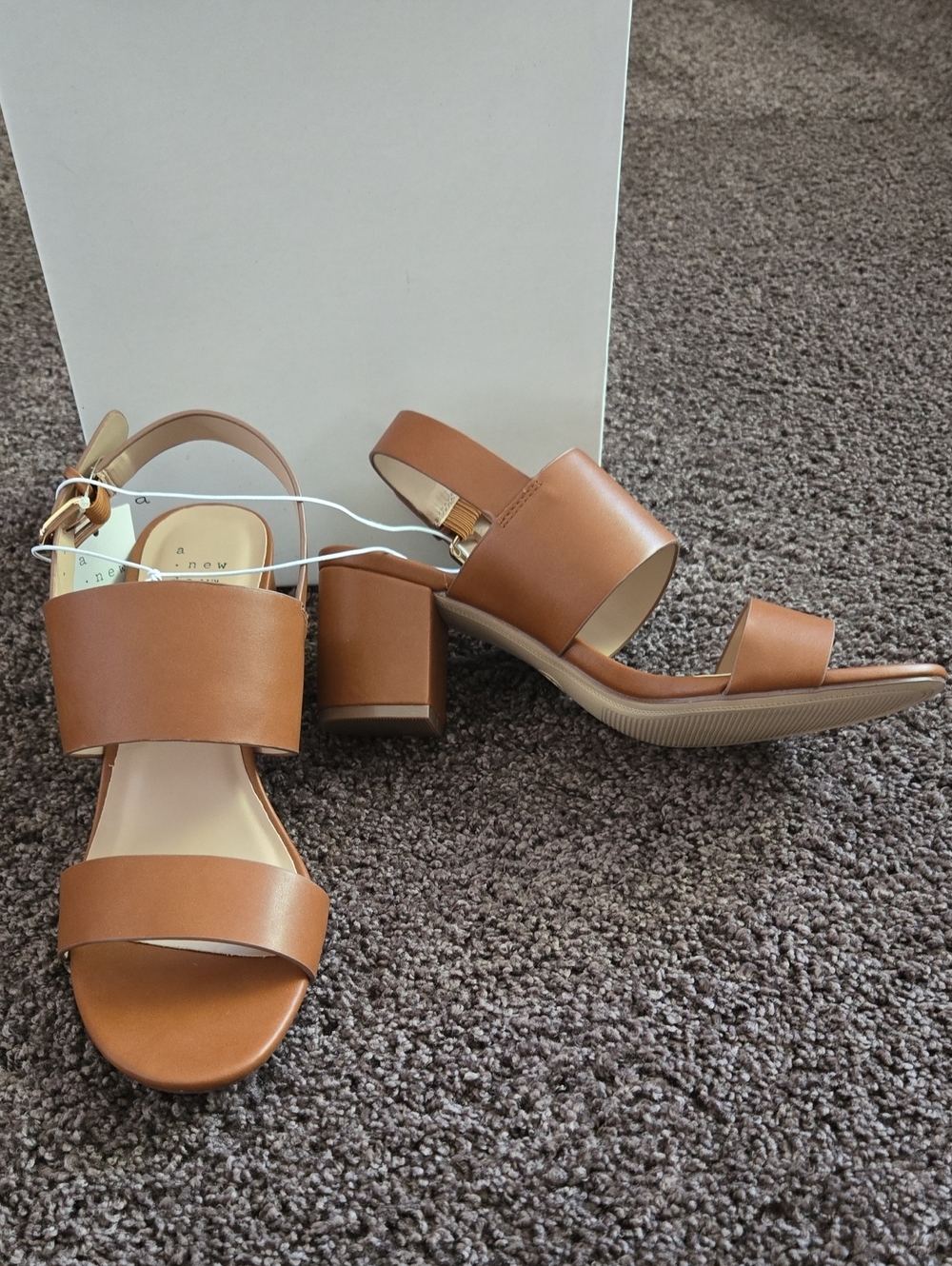 NEW a new day Tan Block Heel Leather Strap Sandal 8